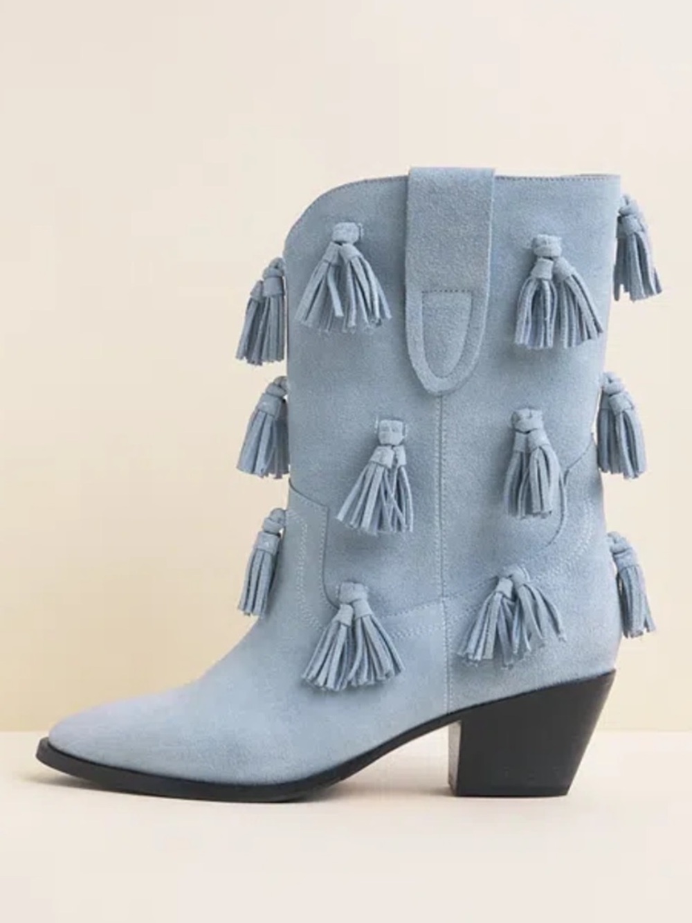 Charlotte Stone Colette Powder Blue Suede Tassel Mid-Calf Boots